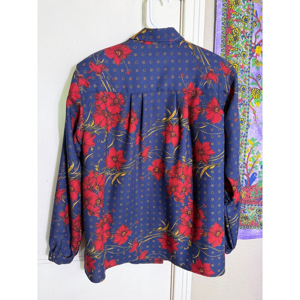Vintage Breeches 100% Wool Floral Blouse Womens 14 Red Blue Button Shirt USA - Picture 6 of 8